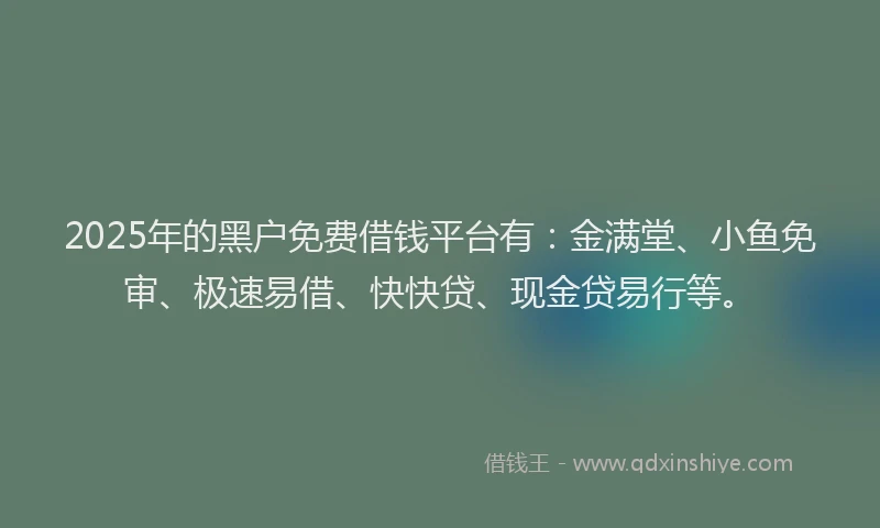 2025年的黑户免费借钱平台有：金满堂、小鱼免审、极速易借、快快贷、现金贷易行等。