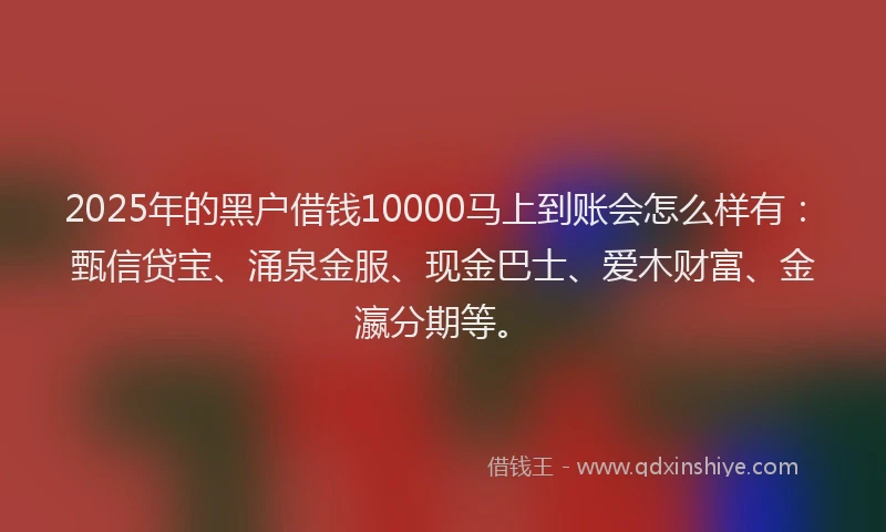 2025年的黑户借钱10000马上到账会怎么样有：甄信贷宝、涌泉金服、现金巴士、爱木财富、金瀛分期等。