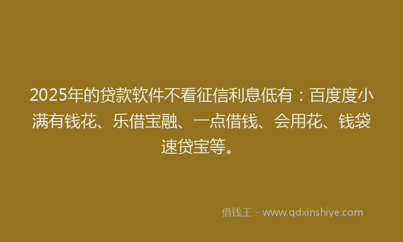 2025年的贷款软件不看征信利息低有：百度度小满有钱花、乐借宝融、一点借钱、会用花、钱袋速贷宝等。
