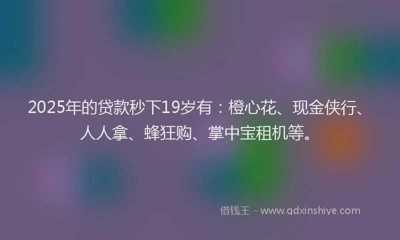 2025年的贷款秒下19岁有：橙心花、现金侠行、人人拿、蜂狂购、掌中宝租机等。