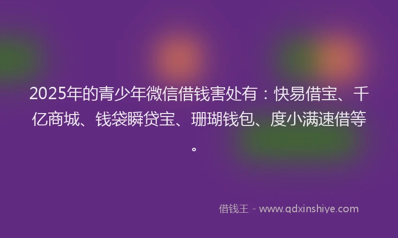 2025年的青少年微信借钱害处有：快易借宝、千亿商城、钱袋瞬贷宝、珊瑚钱包、度小满速借等。