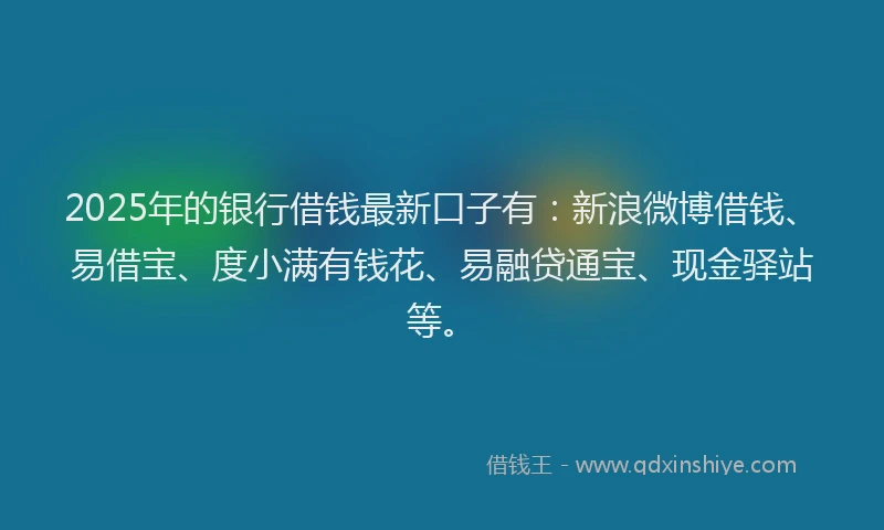 2025年的银行借钱最新口子有：新浪微博借钱、易借宝、度小满有钱花、易融贷通宝、现金驿站等。