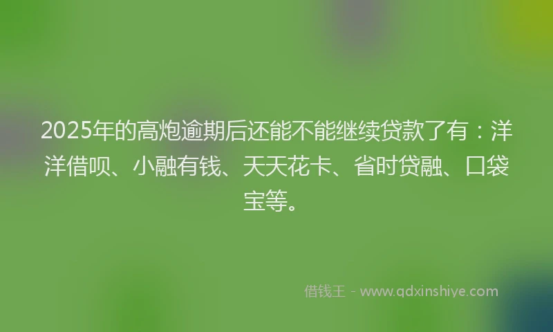 2025年的高炮逾期后还能不能继续贷款了有：洋洋借呗、小融有钱、天天花卡、省时贷融、口袋宝等。