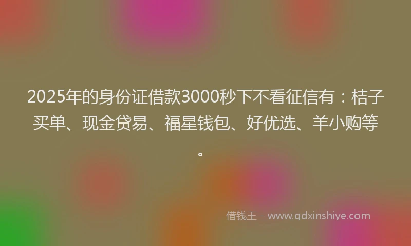 2025年的身份证借款3000秒下不看征信有：桔子买单、现金贷易、福星钱包、好优选、羊小购等。