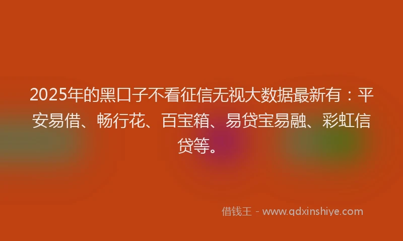2025年的黑口子不看征信无视大数据最新有：平安易借、畅行花、百宝箱、易贷宝易融、彩虹信贷等。
