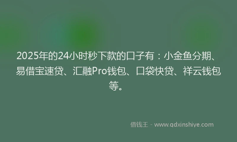 2025年的24小时秒下款的口子有：小金鱼分期、易借宝速贷、汇融Pro钱包、口袋快贷、祥云钱包等。