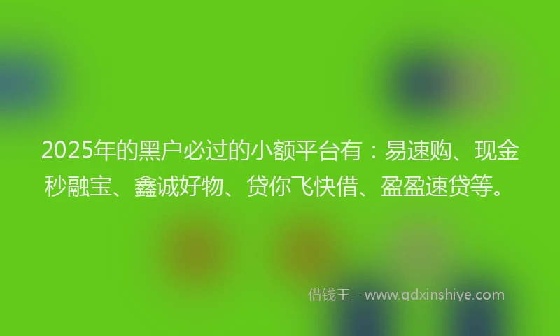 2025年的黑户必过的小额平台有：易速购、现金秒融宝、鑫诚好物、贷你飞快借、盈盈速贷等。