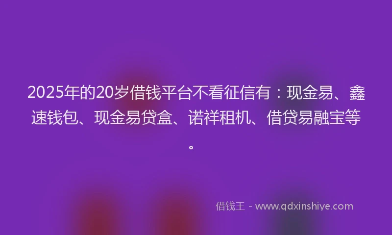 2025年的20岁借钱平台不看征信有：现金易、鑫速钱包、现金易贷盒、诺祥租机、借贷易融宝等。