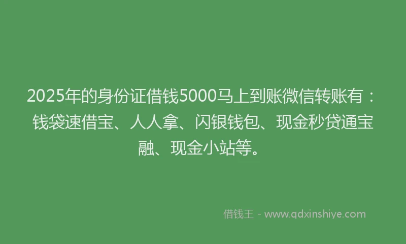 2025年的身份证借钱5000马上到账微信转账有：钱袋速借宝、人人拿、闪银钱包、现金秒贷通宝融、现金小站等。