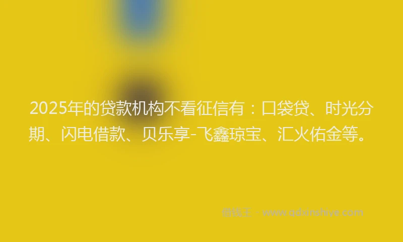 2025年的贷款机构不看征信有：口袋贷、时光分期、闪电借款、贝乐享-飞鑫琼宝、汇火佑金等。
