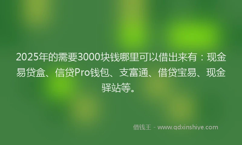 2025年的需要3000块钱哪里可以借出来有：现金易贷盒、信贷Pro钱包、支富通、借贷宝易、现金驿站等。