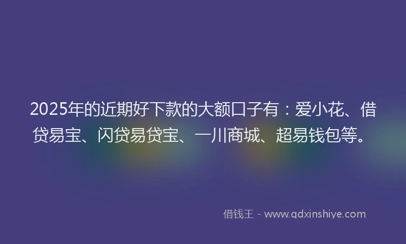 2025年的近期好下款的大额口子有：爱小花、借贷易宝、闪贷易贷宝、一川商城、超易钱包等。
