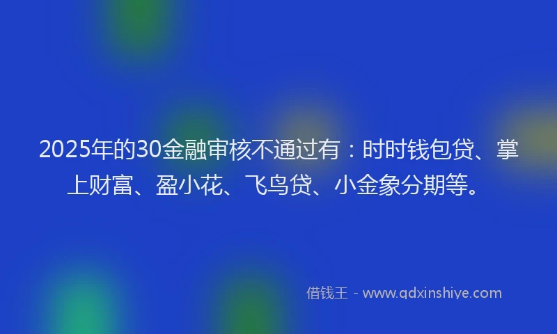 2025年的30金融审核不通过有：时时钱包贷、掌上财富、盈小花、飞鸟贷、小金象分期等。