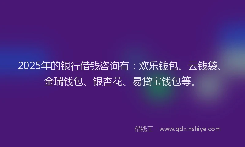 2025年的银行借钱咨询有：欢乐钱包、云钱袋、金瑞钱包、银杏花、易贷宝钱包等。