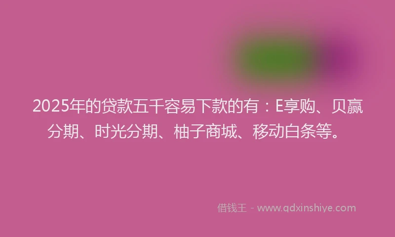 2025年的贷款五千容易下款的有：E享购、贝赢分期、时光分期、柚子商城、移动白条等。