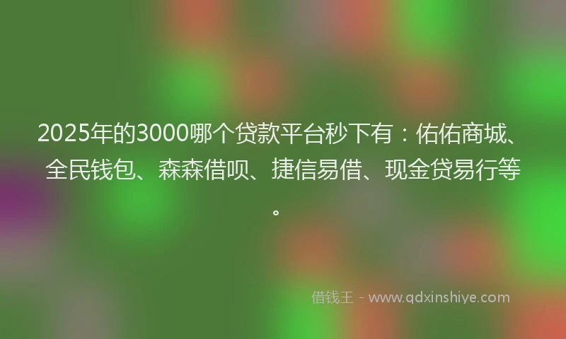 2025年的3000哪个贷款平台秒下有：佑佑商城、全民钱包、森森借呗、捷信易借、现金贷易行等。