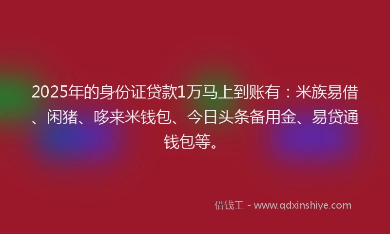 2025年的身份证贷款1万马上到账有：米族易借、闲猪、哆来米钱包、今日头条备用金、易贷通钱包等。