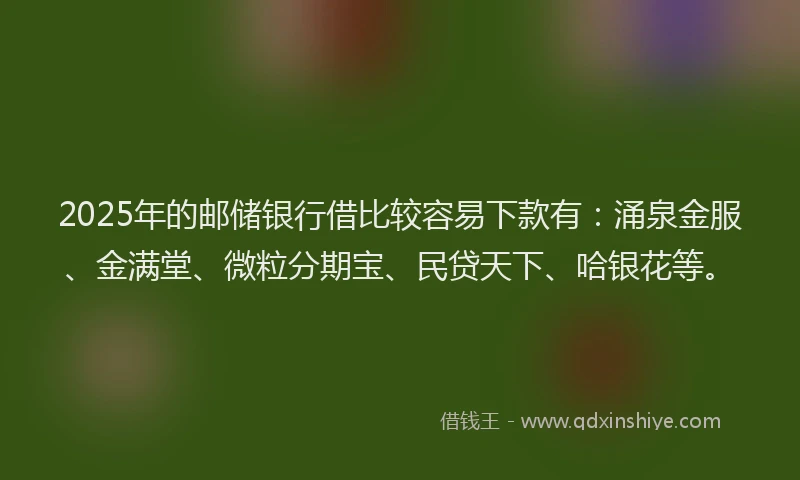 2025年的邮储银行借比较容易下款有：涌泉金服、金满堂、微粒分期宝、民贷天下、哈银花等。