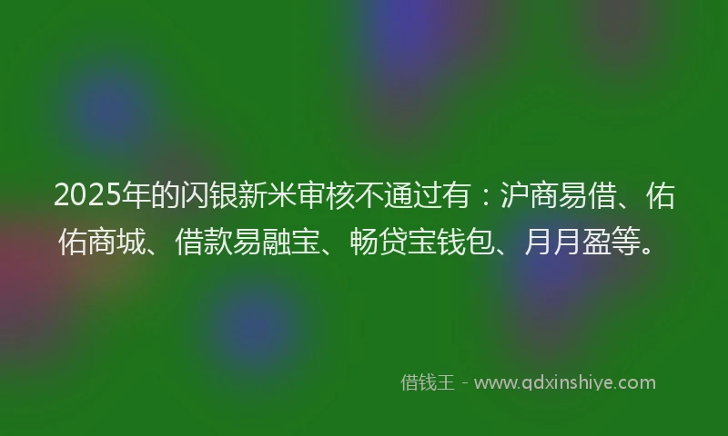 2025年的闪银新米审核不通过有：沪商易借、佑佑商城、借款易融宝、畅贷宝钱包、月月盈等。