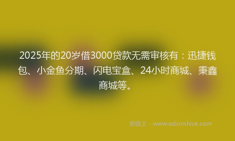 2025年的20岁借3000贷款无需审核有：迅捷钱包、小金鱼分期、闪电宝盒、24小时商城、秉鑫商城等。