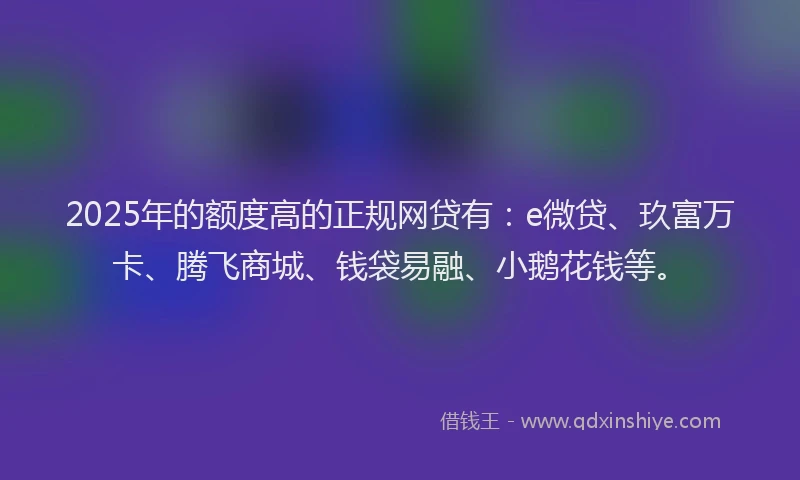 2025年的额度高的正规网贷有：e微贷、玖富万卡、腾飞商城、钱袋易融、小鹅花钱等。