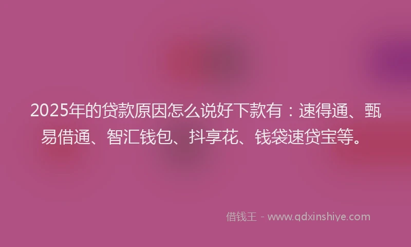2025年的贷款原因怎么说好下款有：速得通、甄易借通、智汇钱包、抖享花、钱袋速贷宝等。