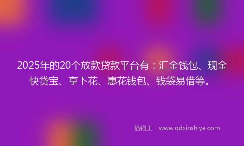 2025年的20个放款贷款平台有：汇金钱包、现金快贷宝、享下花、惠花钱包、钱袋易借等。