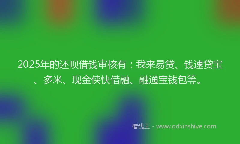 2025年的还呗借钱审核有：我来易贷、钱速贷宝、多米、现金侠快借融、融通宝钱包等。