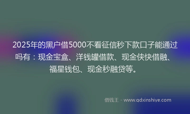 2025年的黑户借5000不看征信秒下款口子能通过吗有：现金宝盒、洋钱罐借款、现金侠快借融、福星钱包、现金秒融贷等。