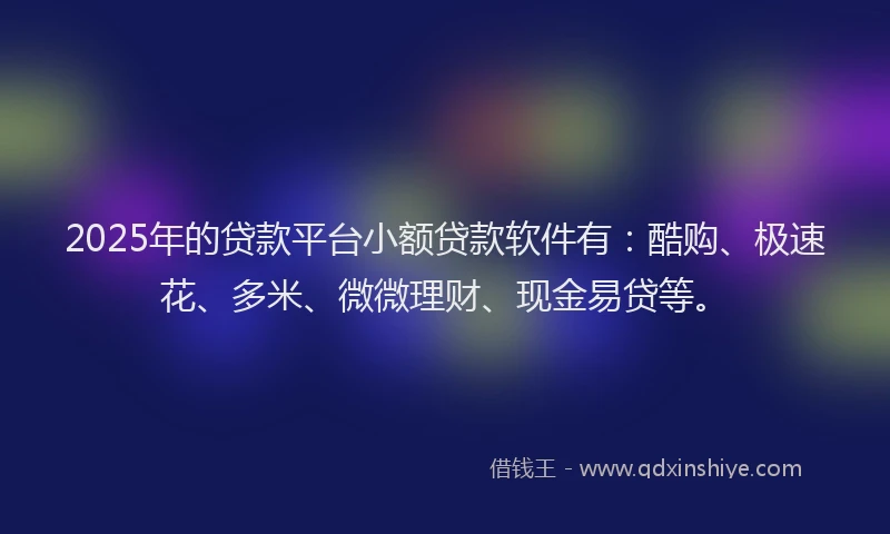 2025年的贷款平台小额贷款软件有：酷购、极速花、多米、微微理财、现金易贷等。