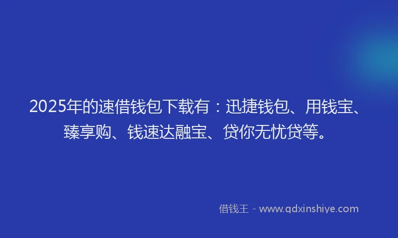 2025年的速借钱包下载有：迅捷钱包、用钱宝、臻享购、钱速达融宝、贷你无忧贷等。