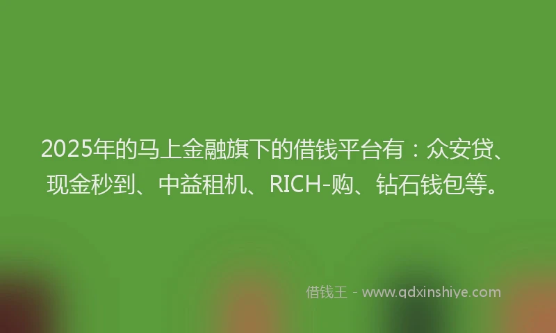 2025年的马上金融旗下的借钱平台有：众安贷、现金秒到、中益租机、RICH-购、钻石钱包等。