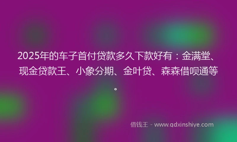 2025年的车子首付贷款多久下款好有：金满堂、现金贷款王、小象分期、金叶贷、森森借呗通等。
