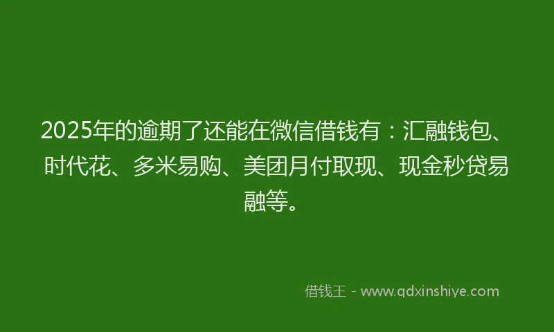 2025年的逾期了还能在微信借钱有：汇融钱包、时代花、多米易购、美团月付取现、现金秒贷易融等。
