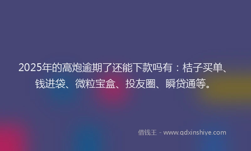 2025年的高炮逾期了还能下款吗有：桔子买单、钱进袋、微粒宝盒、投友圈、瞬贷通等。