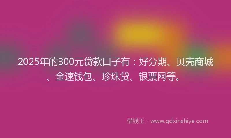 2025年的300元贷款口子有：好分期、贝壳商城、金速钱包、珍珠贷、银票网等。