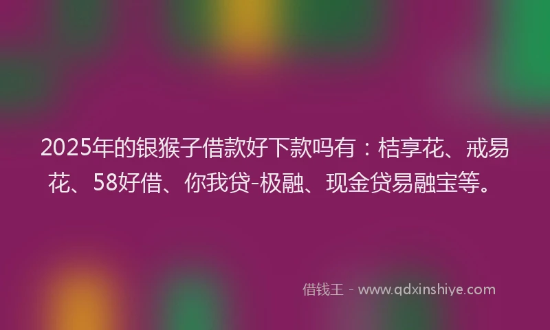 2025年的银猴子借款好下款吗有：桔享花、戒易花、58好借、你我贷-极融、现金贷易融宝等。
