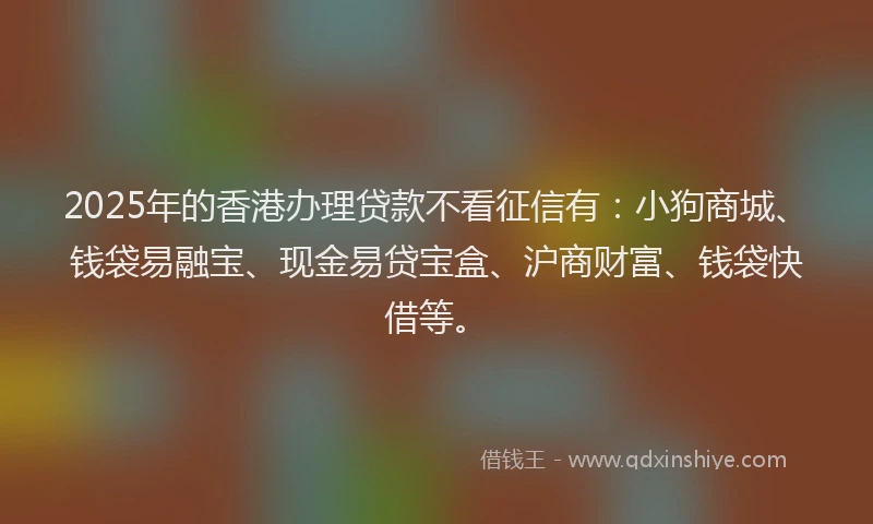 2025年的香港办理贷款不看征信有：小狗商城、钱袋易融宝、现金易贷宝盒、沪商财富、钱袋快借等。