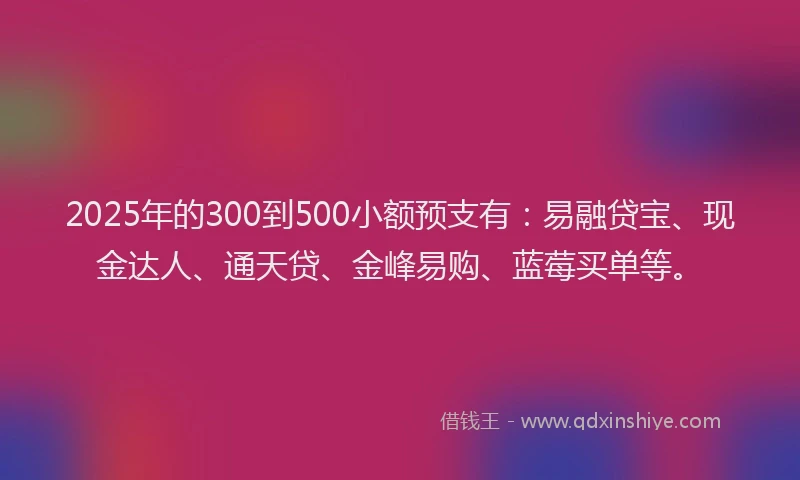 2025年的300到500小额预支有：易融贷宝、现金达人、通天贷、金峰易购、蓝莓买单等。