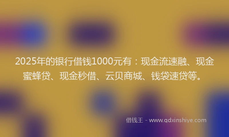 2025年的银行借钱1000元有：现金流速融、现金蜜蜂贷、现金秒借、云贝商城、钱袋速贷等。