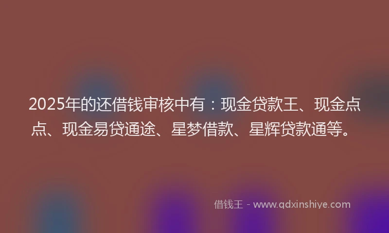 2025年的还借钱审核中有：现金贷款王、现金点点、现金易贷通途、星梦借款、星辉贷款通等。