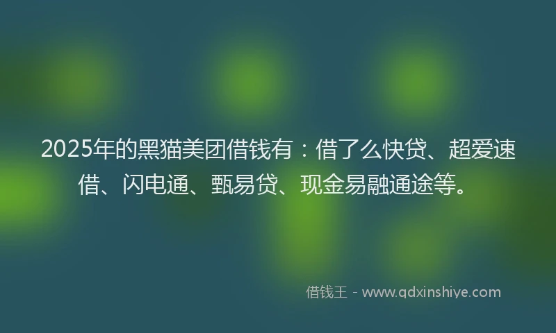 2025年的黑猫美团借钱有：借了么快贷、超爱速借、闪电通、甄易贷、现金易融通途等。