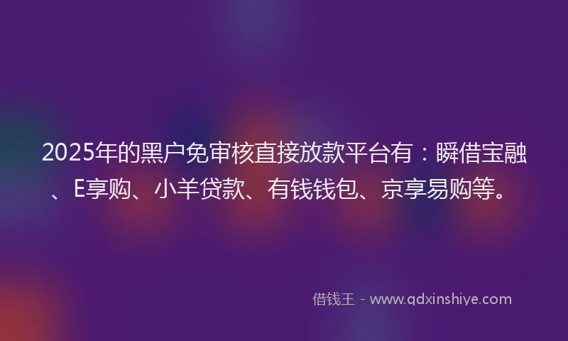2025年的黑户免审核直接放款平台有：瞬借宝融、E享购、小羊贷款、有钱钱包、京享易购等。