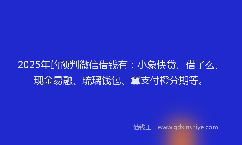 2025年的预判微信借钱有：小象快贷、借了么、现金易融、琉璃钱包、翼支付橙分期等。