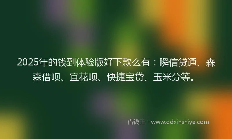 2025年的钱到体验版好下款么有：瞬信贷通、森森借呗、宜花呗、快捷宝贷、玉米分等。