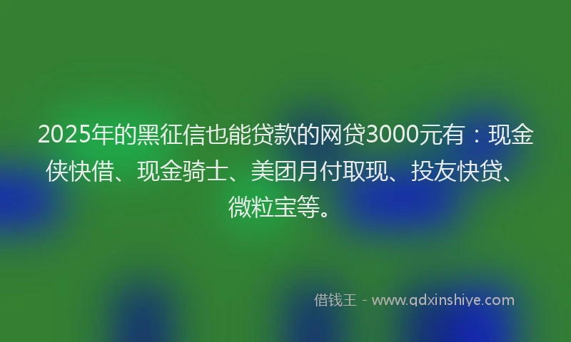 2025年的黑征信也能贷款的网贷3000元有：现金侠快借、现金骑士、美团月付取现、投友快贷、微粒宝等。