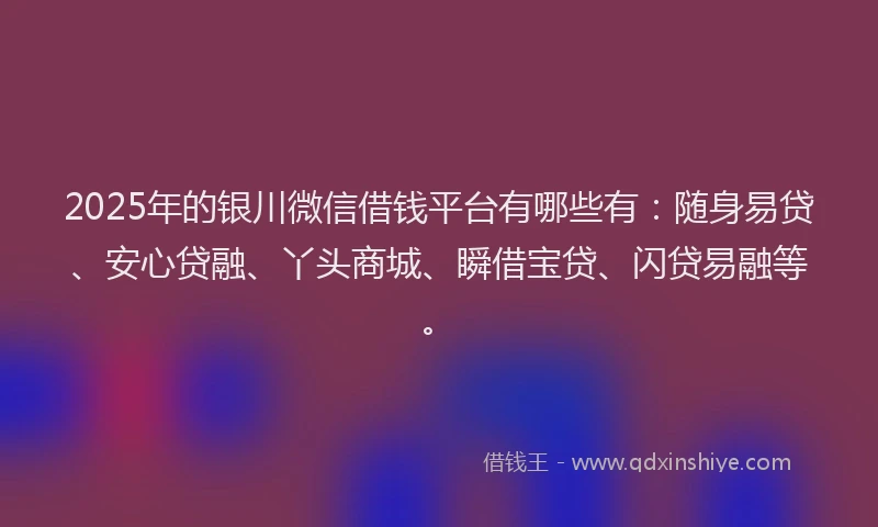 2025年的银川微信借钱平台有哪些有：随身易贷、安心贷融、丫头商城、瞬借宝贷、闪贷易融等。
