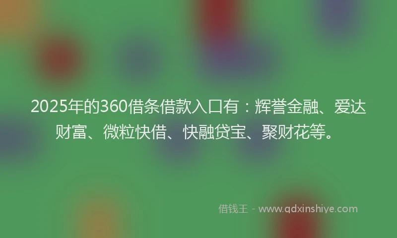 2025年的360借条借款入口有：辉誉金融、爱达财富、微粒快借、快融贷宝、聚财花等。