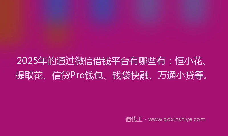 2025年的通过微信借钱平台有哪些有：恒小花、提取花、信贷Pro钱包、钱袋快融、万通小贷等。