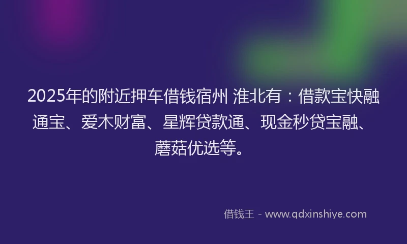 2025年的附近押车借钱宿州 淮北有：借款宝快融通宝、爱木财富、星辉贷款通、现金秒贷宝融、蘑菇优选等。